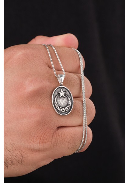 Gümüş Oval Gümüş Kelime-I Tevhid Yazılı Türk Bayrağı Ay Yıldız Yildiz Erkek Kolye