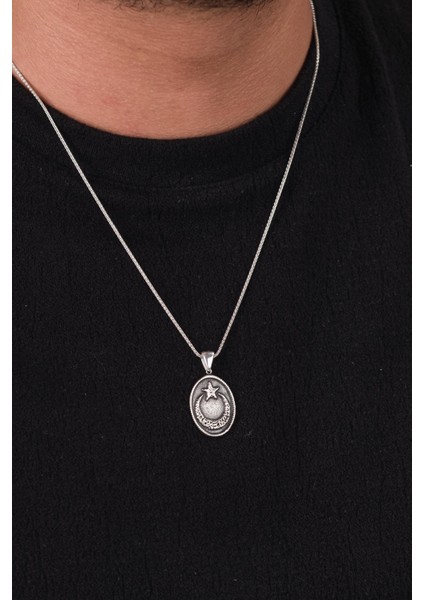 Gümüş Oval Gümüş Kelime-I Tevhid Yazılı Türk Bayrağı Ay Yıldız Yildiz Erkek Kolye modelleri