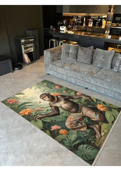 Buse Koleksiyonu Orman Temalı Çiçekler ve Maymun Detaylı Dokuma Taban Modern Dekoratif Halı BUSE38