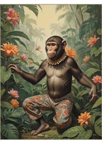 Buse Koleksiyonu Orman Temalı Çiçekler ve Maymun Detaylı Dokuma Taban Modern Dekoratif Halı BUSE38 fiyatları