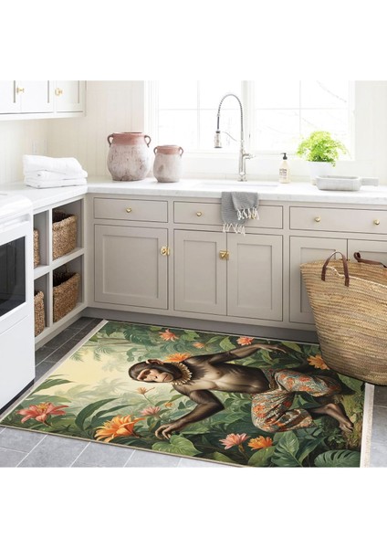 Buse Koleksiyonu Orman Temalı Çiçekler ve Maymun Detaylı Dokuma Taban Modern Dekoratif Halı BUSE38 fırsatları
