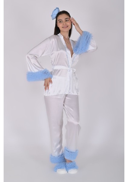 Beyaz Saten Lohusa Seti Pijama Takımı 4'lü Set – Mavi Tül Detaylı (Kimono, Alt, Taç, Terlik) fiyatları