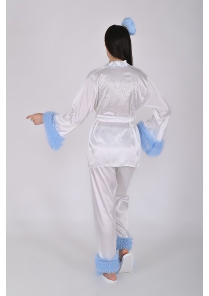 Beyaz Saten Lohusa Seti Pijama Takımı 4'lü Set – Mavi Tül Detaylı (Kimono, Alt, Taç, Terlik) fırsatları