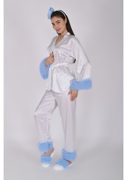 Beyaz Saten Lohusa Seti Pijama Takımı 4'lü Set – Mavi Tül Detaylı (Kimono, Alt, Taç, Terlik) indirimleri