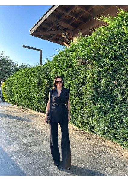 Kadın Alt Üst Ikili Takım Omuz Detaylı Kemerli Kolsuz Blazer Ceket Pantolon Takım fiyatları