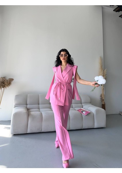 Kadın Alt Üst Ikili Takım Omuz Detaylı Kemerli Kolsuz Blazer Ceket Pantolon Takım fiyatları
