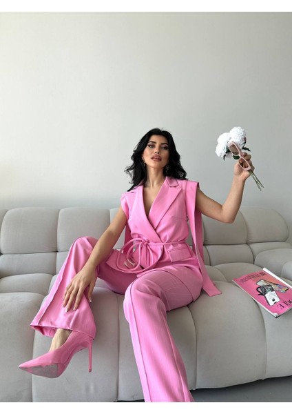 Kadın Alt Üst Ikili Takım Omuz Detaylı Kemerli Kolsuz Blazer Ceket Pantolon Takım modelleri