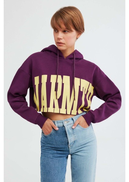 Warm Kadın Baskılı Kapüşonlu Comfort Mor Sweatshirt