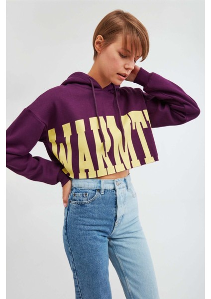 Warm Kadın Baskılı Kapüşonlu Comfort Mor Sweatshirt fiyatları