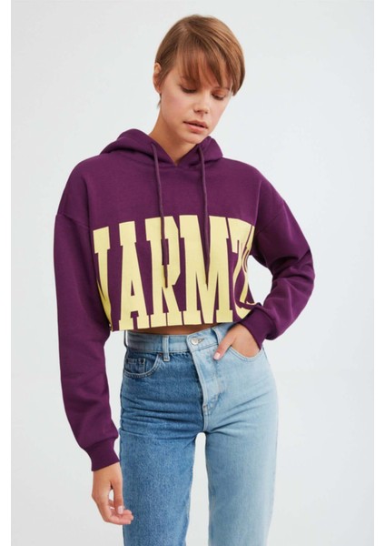 Warm Kadın Baskılı Kapüşonlu Comfort Mor Sweatshirt modelleri