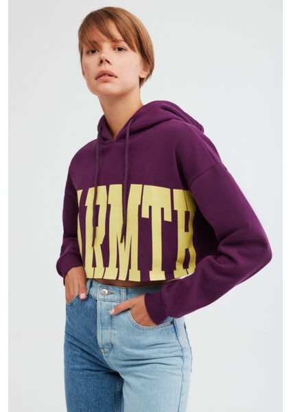 Warm Kadın Baskılı Kapüşonlu Comfort Mor Sweatshirt fırsatları