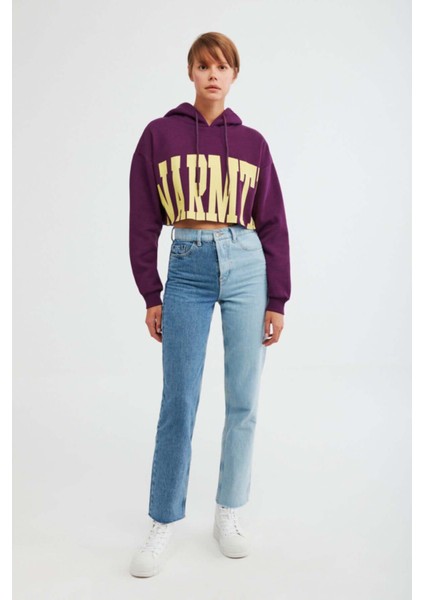 Warm Kadın Baskılı Kapüşonlu Comfort Mor Sweatshirt indirimleri