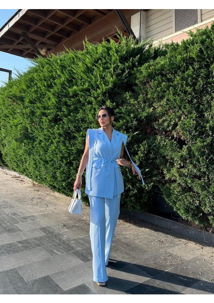 Kadın Alt Üst Ikili Takım Omuz Detaylı Kemerli Kolsuz Blazer Ceket Pantolon Takım fiyatları