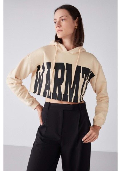 Warm Kadın Baskılı Kapüşonlu Comfort Bej Sweatshirt