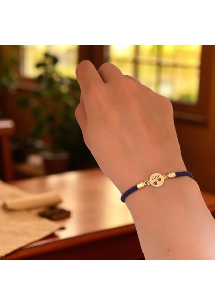 Gül Yazılı 14 Ayar Altın Plakalı Koyu Mor İpek Örgülü Kalpli Oval Motifli Hediye Bileklik-518 İsim