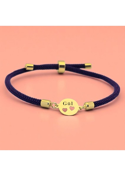 Gül Yazılı 14 Ayar Altın Plakalı Koyu Mor İpek Örgülü Kalpli Oval Motifli Hediye Bileklik-518 İsim fiyatları