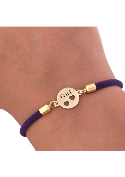 Gül Yazılı 14 Ayar Altın Plakalı Koyu Mor İpek Örgülü Kalpli Oval Motifli Hediye Bileklik-518 İsim fırsatları