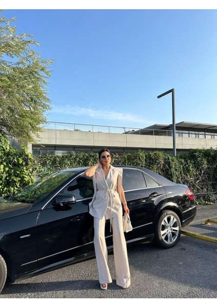 Kadın Alt Üst Ikili Takım Omuz Detaylı Kemerli Kolsuz Blazer Ceket Pantolon Takım fiyatları