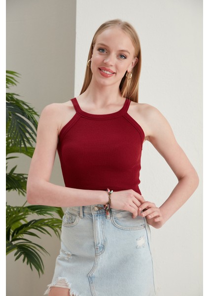 Bordo Fitted/vücuda Oturan Iki Omuzu Açık Miami Fitilli Esnek Örme Bluz