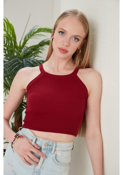 Bordo Fitted/vücuda Oturan Iki Omuzu Açık Miami Fitilli Esnek Örme Bluz indirimleri