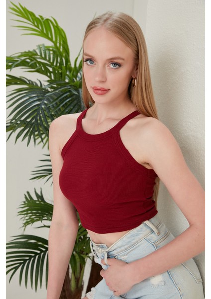 Bordo Fitted/vücuda Oturan Iki Omuzu Açık Miami Fitilli Esnek Örme Bluz