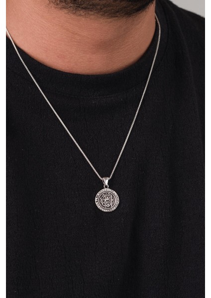 Gümüş Arapça Edeb Ya Hu Yazılı Eskitme Karartılmış Yuvarlak Erkek Kolye modelleri