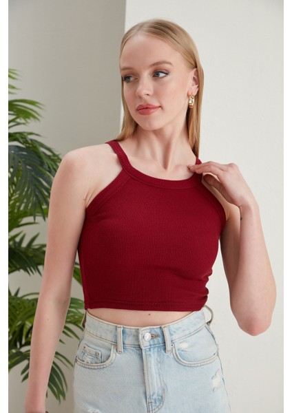 Bordo Fitted/vücuda Oturan Iki Omuzu Açık Miami Fitilli Esnek Örme Bluz fiyatları