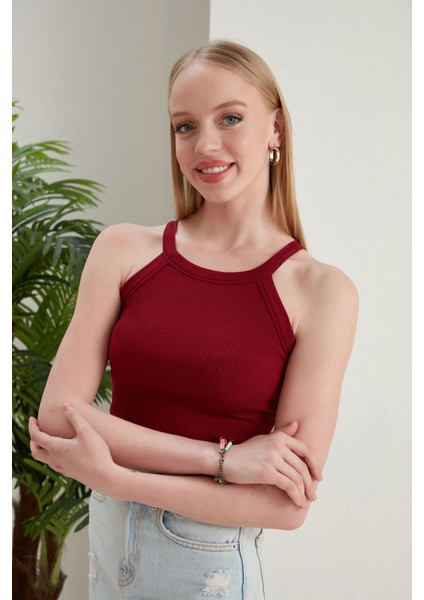 Bordo Fitted/vücuda Oturan Iki Omuzu Açık Miami Fitilli Esnek Örme Bluz modelleri