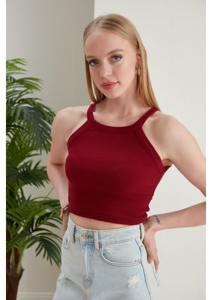 Bordo Fitted/vücuda Oturan Iki Omuzu Açık Miami Fitilli Esnek Örme Bluz fırsatları