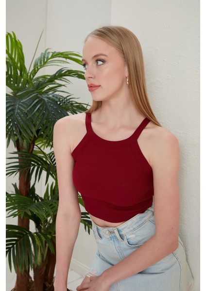 Bordo Fitted/vücuda Oturan Iki Omuzu Açık Miami Fitilli Esnek Örme Bluz