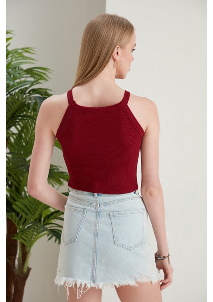 Bordo Fitted/vücuda Oturan Iki Omuzu Açık Miami Fitilli Esnek Örme Bluz