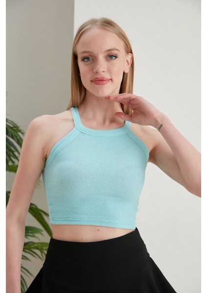 Turkuaz Fitted/vücuda Oturan Iki Omuzu Açık Miami Fitilli Esnek Örme Bluzaçık M