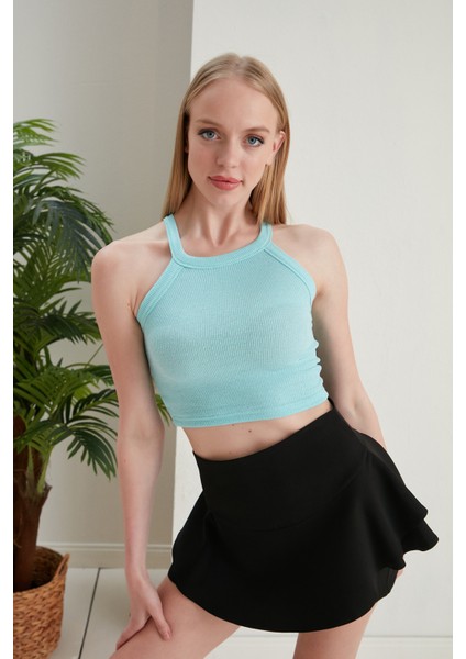 Turkuaz Fitted/vücuda Oturan Iki Omuzu Açık Miami Fitilli Esnek Örme Bluzaçık M modelleri