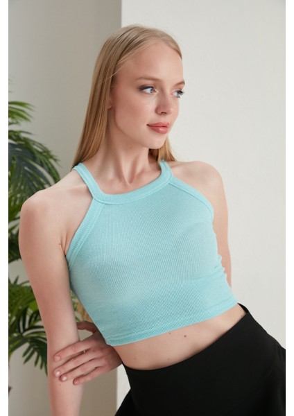 Turkuaz Fitted/vücuda Oturan Iki Omuzu Açık Miami Fitilli Esnek Örme Bluzaçık M fırsatları