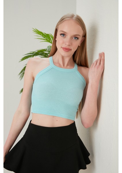 Turkuaz Fitted/vücuda Oturan Iki Omuzu Açık Miami Fitilli Esnek Örme Bluzaçık M indirimleri