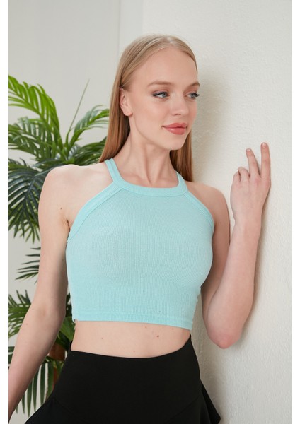 Turkuaz Fitted/vücuda Oturan Iki Omuzu Açık Miami Fitilli Esnek Örme Bluzaçık M