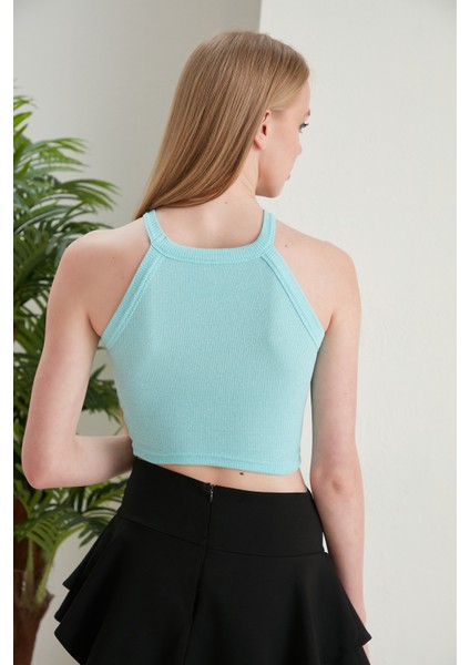 Turkuaz Fitted/vücuda Oturan Iki Omuzu Açık Miami Fitilli Esnek Örme Bluzaçık M