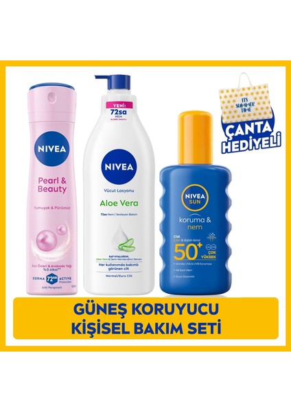 SUN SPF50 Güneş Koruyucu Vücut Spreyi 200ml, Aloe Vera Nemlendirici Vücut Bakım Losyonu 400ml ve Pearl&Beauty Sprey Deodorant 150ml, Çanta Hediyeli, Kişisel Bakım Seti