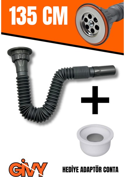 Gri Rakorlu Körüklü Sifon Uzun 135 cm Adaptör Contalı Aqua