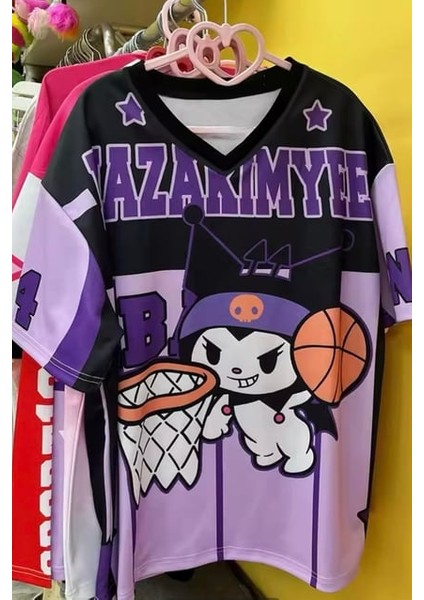 Mor V Yaka Kuromi Basketball Jersey T-Shirt fiyatları