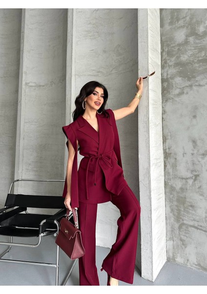 Kadın Alt Üst Ikili Takım Omuz Detaylı Kemerli Kolsuz Blazer Ceket Pantolon Takım fiyatları