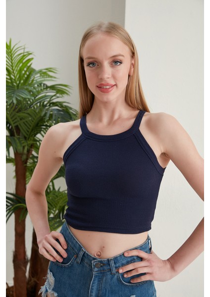 Lacivert Fitted/vücuda Oturan Iki Omuzu Açık Miami Fitilli Esnek Örme Bluz