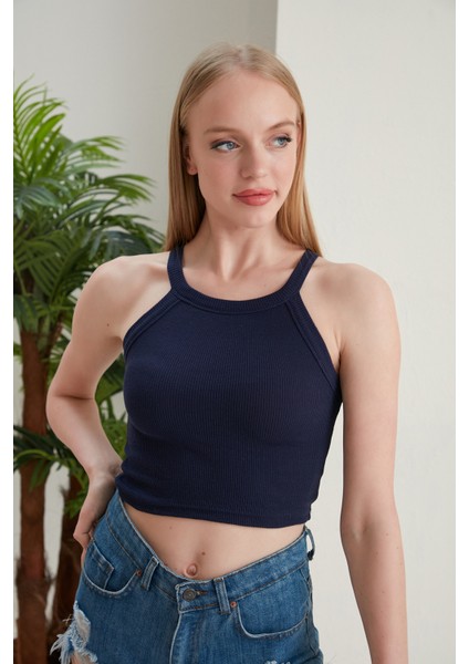 Lacivert Fitted/vücuda Oturan Iki Omuzu Açık Miami Fitilli Esnek Örme Bluz
