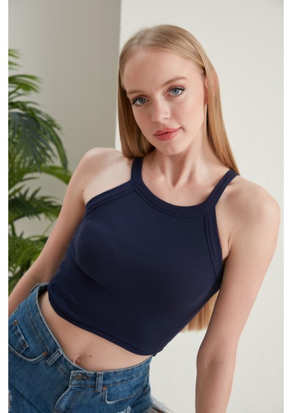 Lacivert Fitted/vücuda Oturan Iki Omuzu Açık Miami Fitilli Esnek Örme Bluz