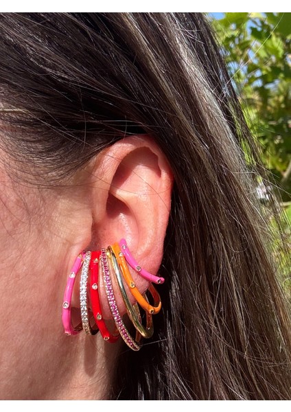 Özel Seri Taşlı Kırmızı Pembe Turuncu Küpe Earcuff