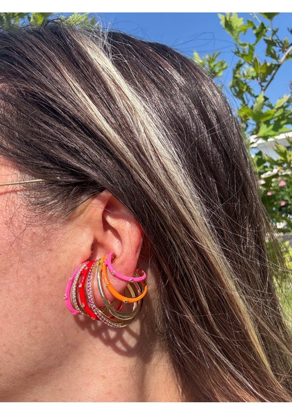Özel Seri Taşlı Kırmızı Pembe Turuncu Küpe Earcuff fırsatları