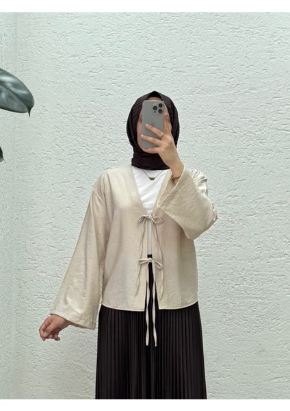 Mirona Ön Bağcıklı Çilek Kumaş Kısa KIMONO-MF210 Taş