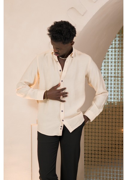 Yaka Düğmeli Yazlık Ince Tiril Tiril %100 Modal Slimfit Gömlek