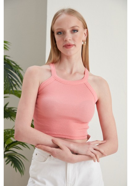 Pudra Fitted/vücuda Oturan Iki Omuzu Açık Miami Fitilli Esnek Örme Bluz
