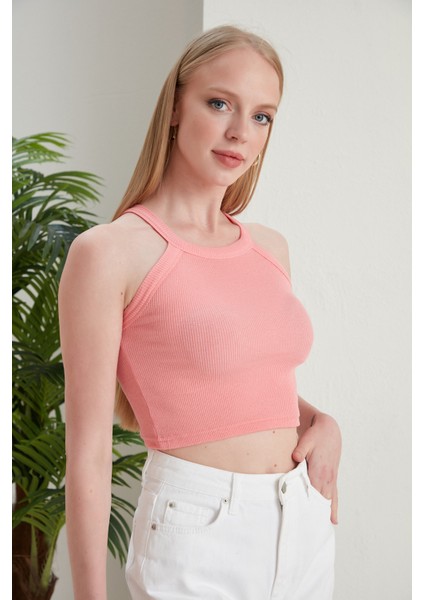 Pudra Fitted/vücuda Oturan Iki Omuzu Açık Miami Fitilli Esnek Örme Bluz